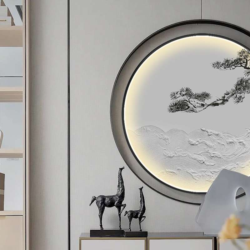 新中式客厅装饰画圆形led灯玄关走廊挂画迎客松油画立体浮雕海浪图片