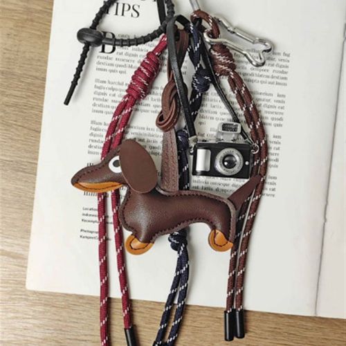 复古小众黑色皮质腊肠小狗包挂件 miu风相机羽毛球包挂编织挂绳
