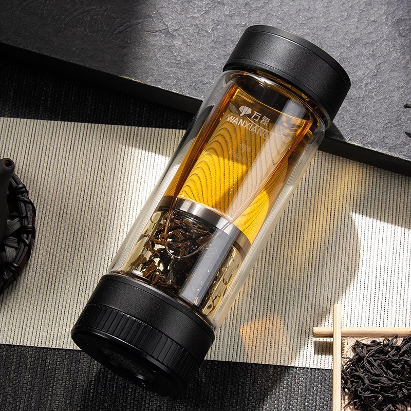 万象(WANXIANG)双层茶水分离玻璃杯V258L蓝灰色310ML商务办公礼