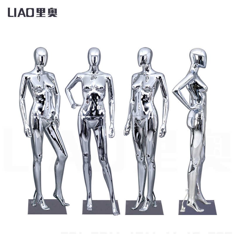 服装店女模特道具展示架全身橱窗人台假人全身电镀银色女人体模型