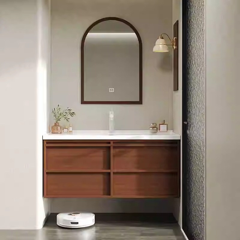 法式复古一体陶瓷盆中古风骨骼线浴室柜组L合小户型卫生间洗手脸