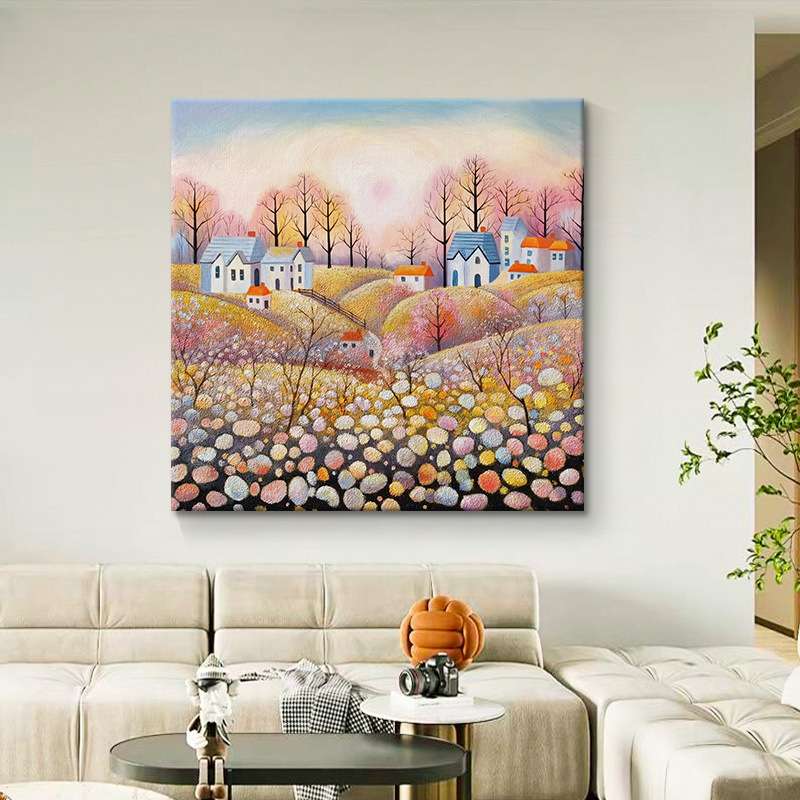 正方形卡通风景手绘油画色彩装饰画客厅挂画玄关儿童房砂岩肌理画图片
