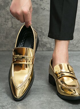 金色男鞋紫色休闲鞋绿色韩版小皮鞋英伦风一脚蹬尖头皮鞋47大码46