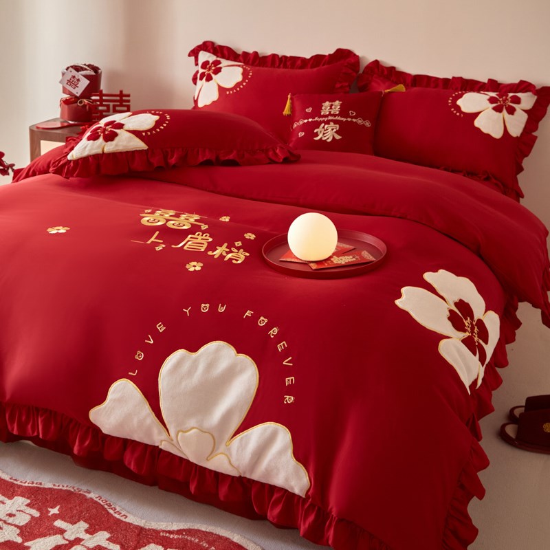 结婚四件套喜庆全棉贴布绣床单被罩婚房婚嫁红色床上用品