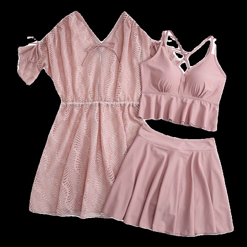 泳衣女泡温泉冬天分体裙式平角裤微胖女士大码高级感三件套带罩衫