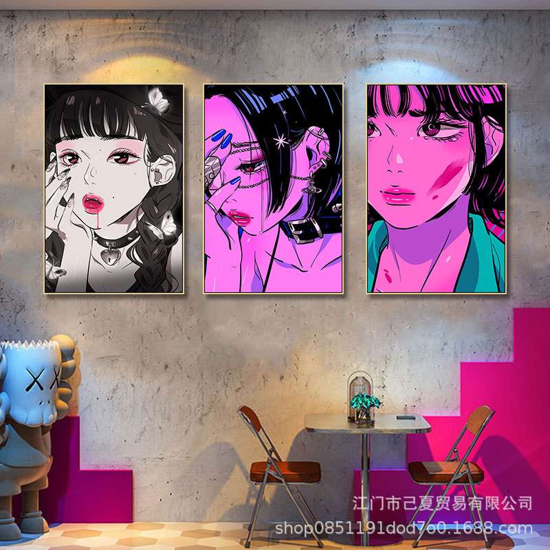 情侣主题酒店壁画美女卡通粉色人物挂画酒吧卫生间宾馆墙面装饰画图片