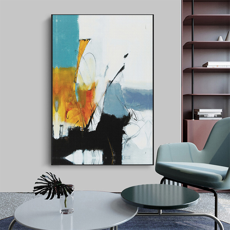 高清喷绘平面玄关挂画抽象黑白橙装饰画背景墙酒店客厅餐厅画定制图片