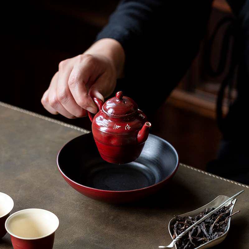中式复古个性茶壶家用陶瓷茶具山楂红粉引泡茶手工手把壶单泡茶壶
