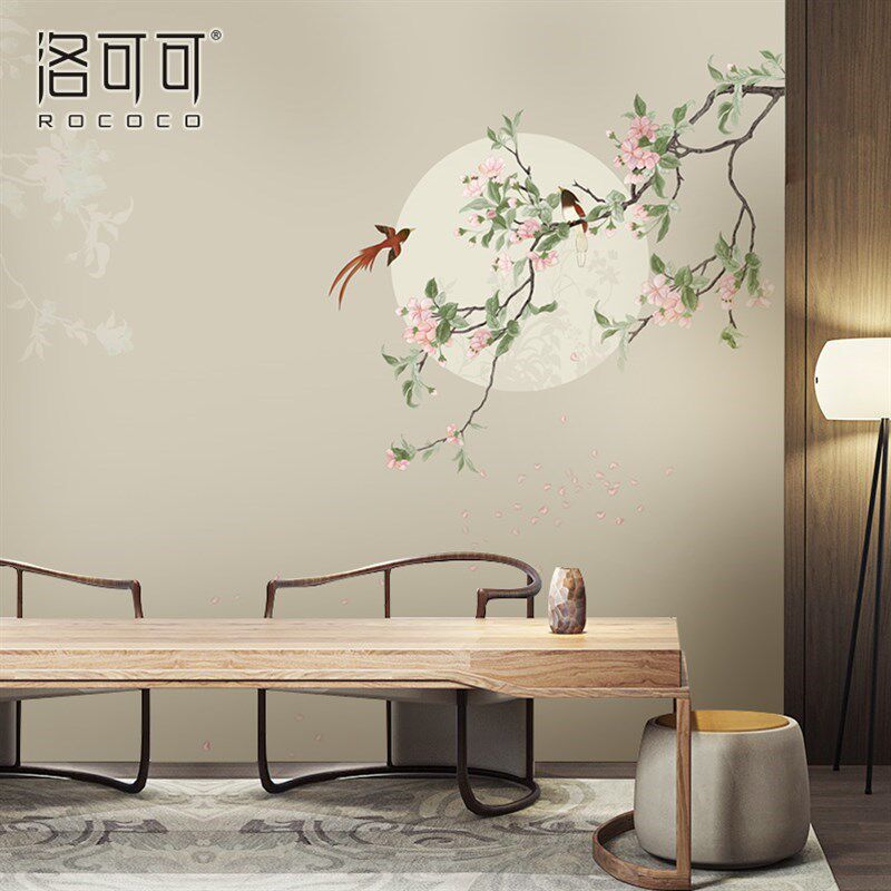 新款新中式壁布客厅沙发背景墙壁纸卧室床头餐厅壁画淡雅花鸟电视