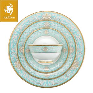 雷澳娜骨瓷餐具碗碟套装家用欧式金边碗盘结婚礼品金域蓝湾