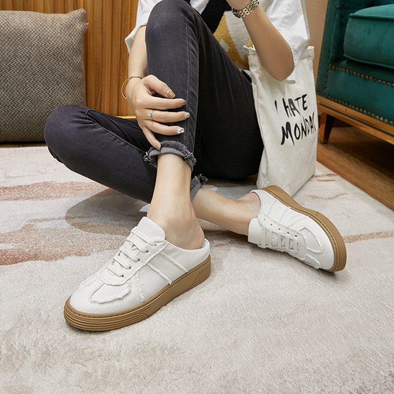 新款厚底内增高包头半拖鞋无后跟懒人外穿F小码帆布拖鞋女潮31323