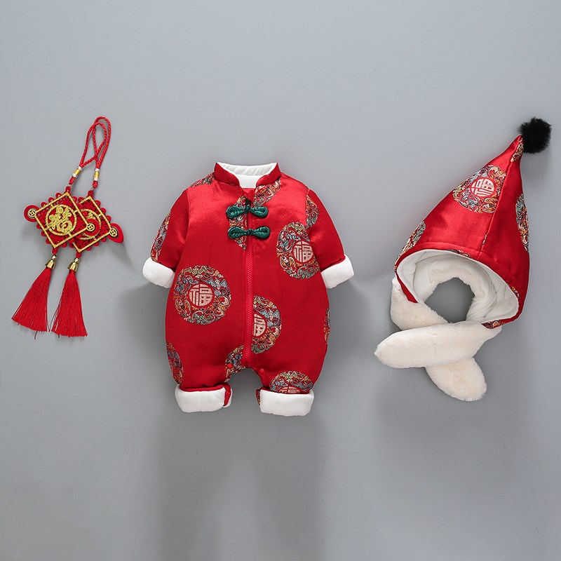 新年装宝宝拜年服初生冬装外出服婴儿连体衣满月服抱衣冬季过年服
