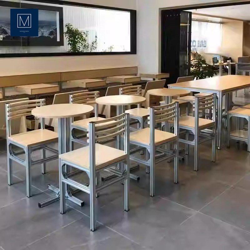 工业风商用餐桌椅奶茶店咖啡馆方桌甜品店桦木P海洋板铝型材圆桌