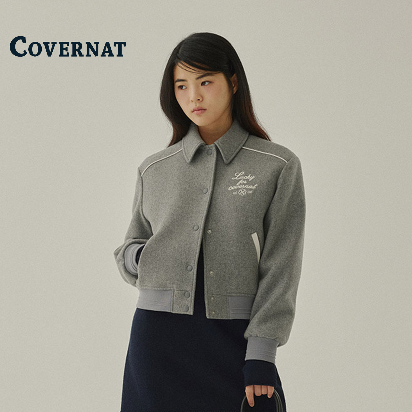 COVERNAT韩国外套女学院风翻领字母刺绣短款外套灰色棒球服夹克