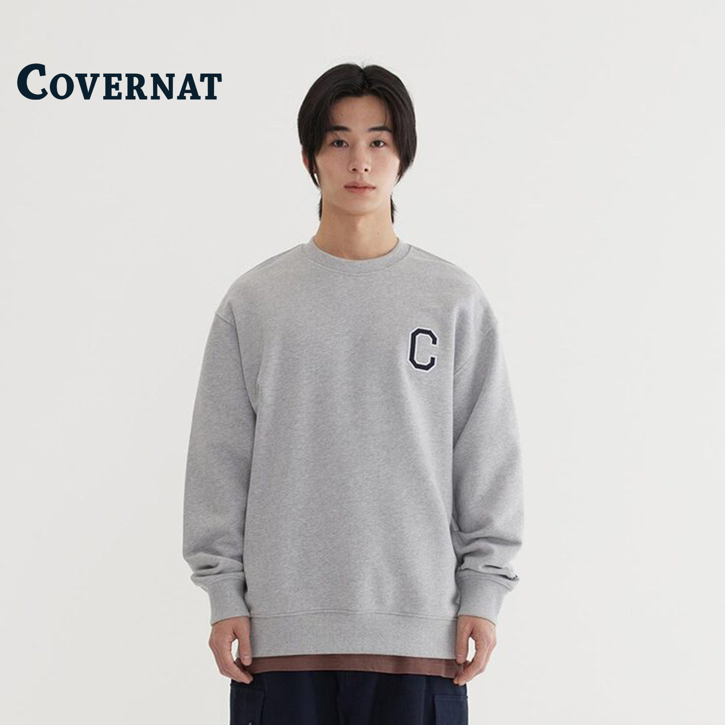 COVERNAT韩国卫衣简约运动风圆领卫衣男宽松长袖字母印花灰色上衣