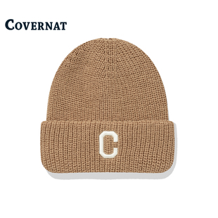 COVERNAT韩国帽子女冬简约字母百搭冬季米色针织帽厚实保暖毛线帽