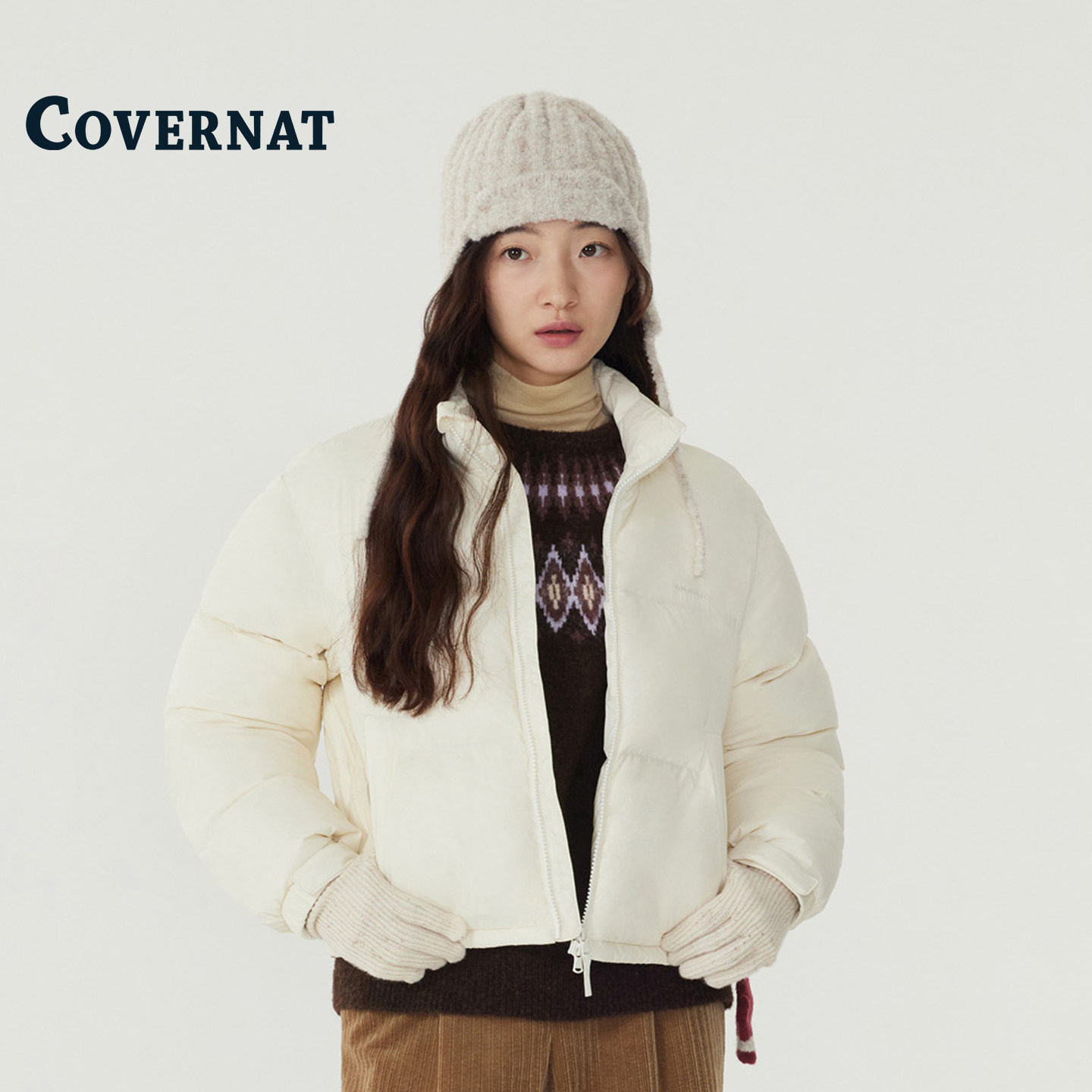 韩国2025新款奶油白立领羽绒服