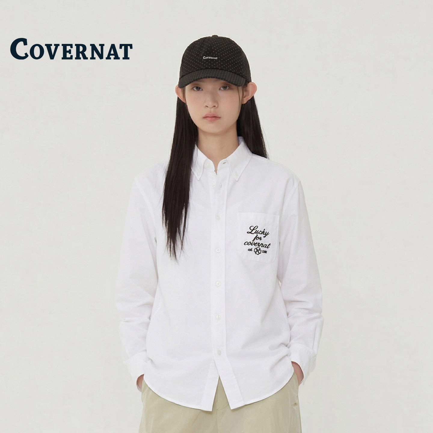 COVERNAT韩国衬衫女款白色长袖上衣休闲翻领字母印花百搭气质衬衫