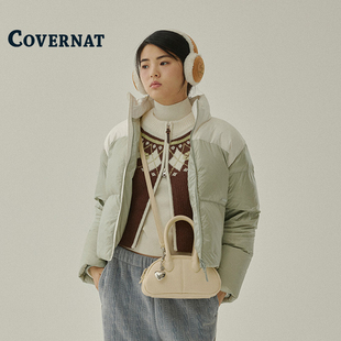 COVERNAT韩国羽绒服女款冬季极简风短款保暖外套粉色立领面包服