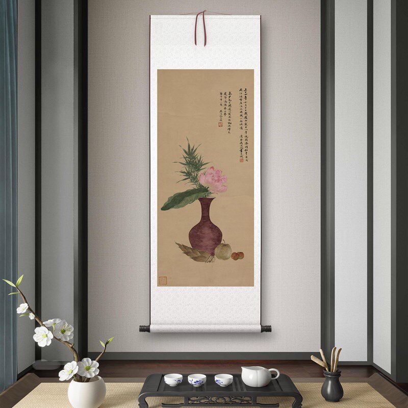 吴湖帆《花瓶图》客厅书房茶室装饰画挂画玄关水墨高清卷轴字画