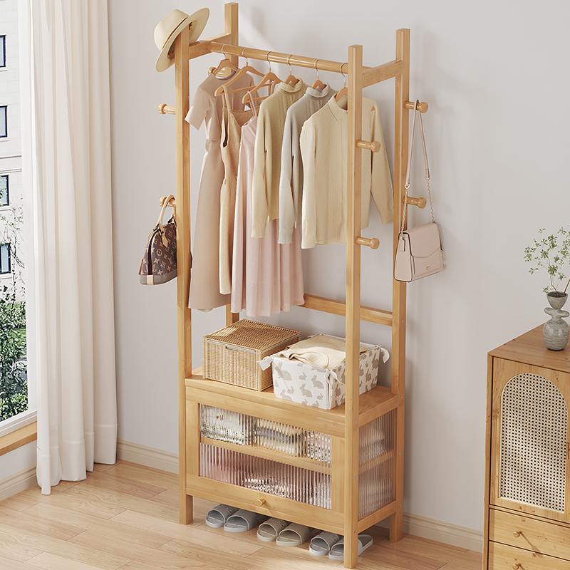 顶天立地实木衣帽架子卧室收纳挂衣架落地简易房间晾衣奶油风立式