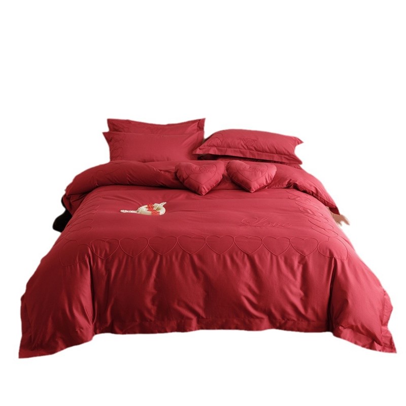 中式简约大红色爱心100支长绒棉结婚四件套婚庆婚房床上用品