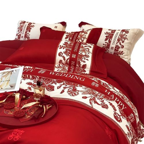 轻奢结婚四件套中式印花高级感红色被套喜庆新婚婚庆陪嫁床上用品