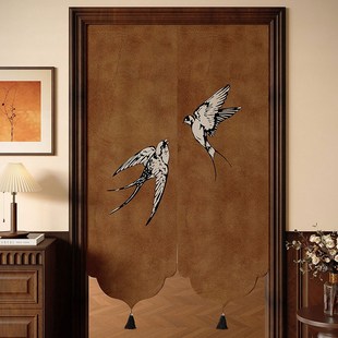 门帘新中式分片带杆子免打孔印花竹子花鸟风格隔断帘