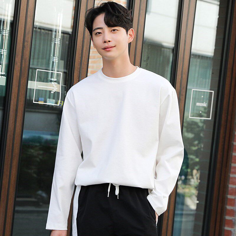 落肩宽松重磅加厚纯白色t恤男长袖内搭打底衣体恤衫螺纹领口