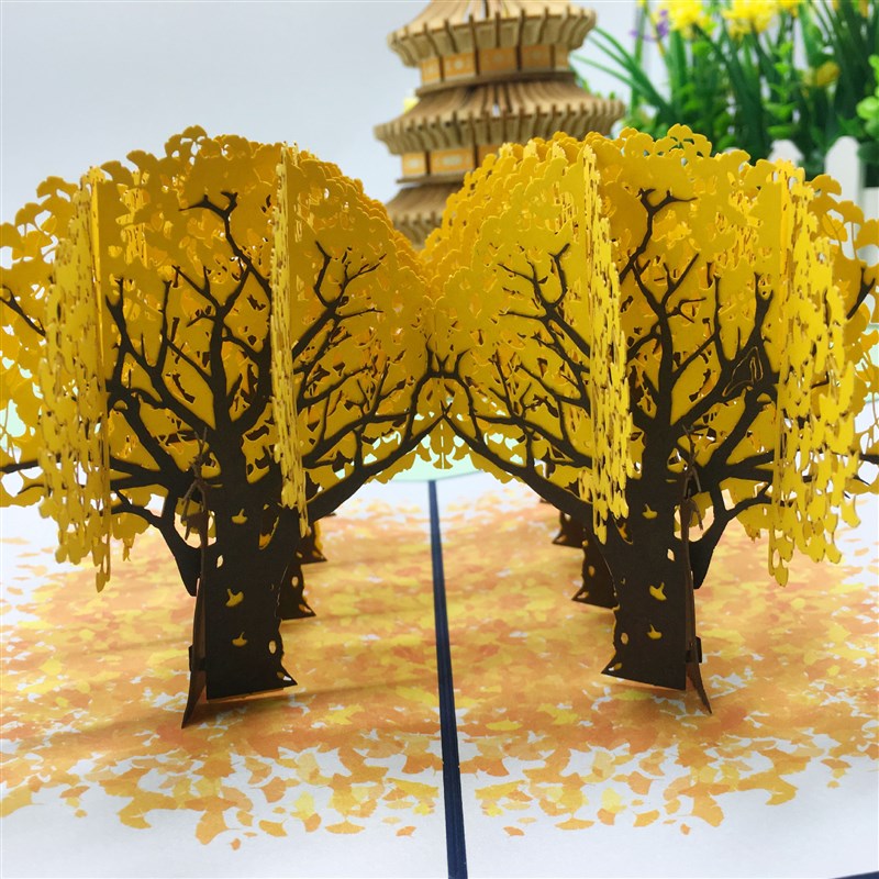供货情人节贺卡秋天银杏树创意3d立体卡片生日婚庆祝福卡