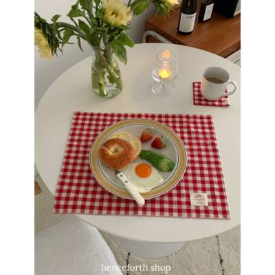 henceforth耶诞新年大红色格纹双层餐巾杯垫ins餐垫厨房盖布装饰