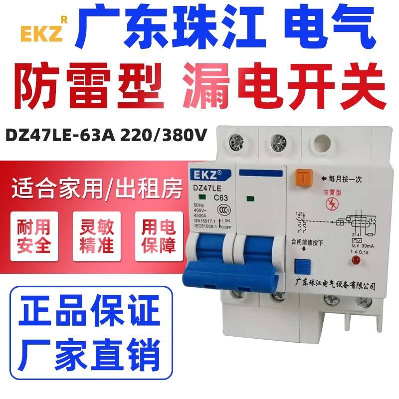 珠江漏电开关断路器防雷型2P32家用40A空开漏保63ADZ47LE总阀开关