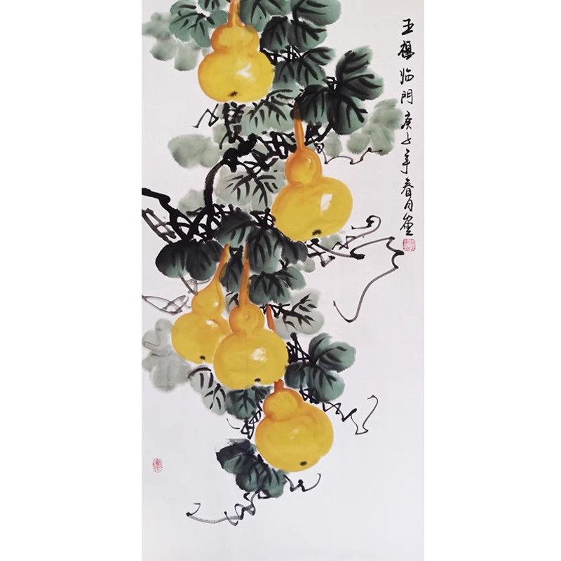 五福临门国画纯手绘中式玄关过道装饰挂画客厅P饭厅竖版福禄画葫