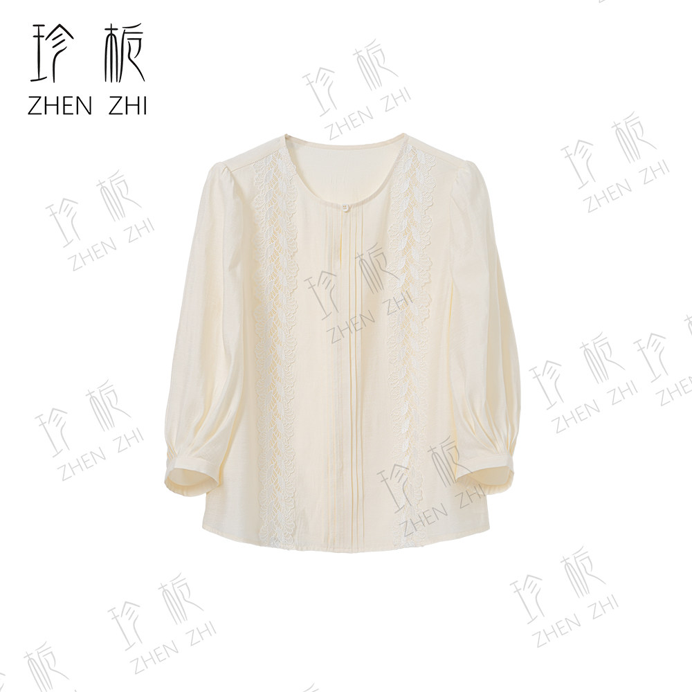夏季时尚百搭显瘦宽松垂感设计师长袖法式蕾丝拼接衬衫HZ018