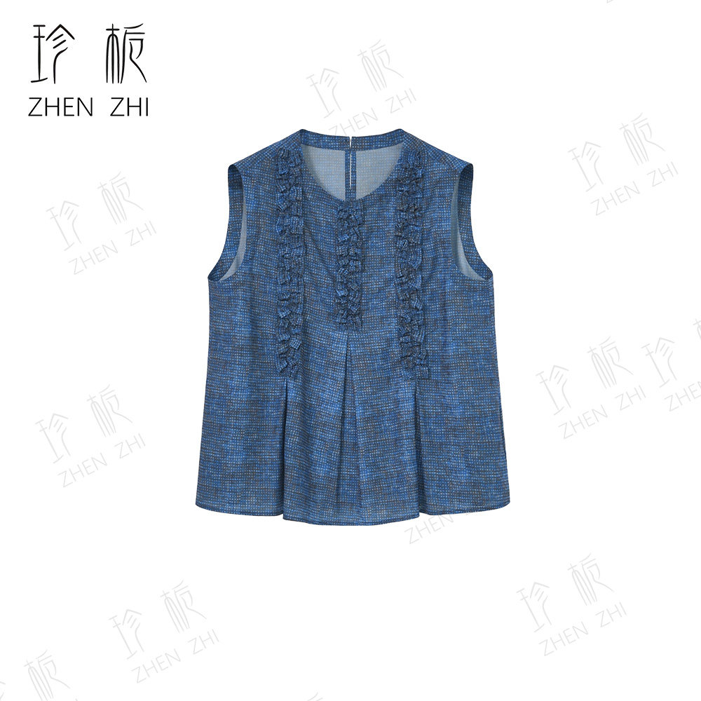 夏季新款简约复古设计感时尚小众气质百搭拼接格子无袖衬衫HZ089