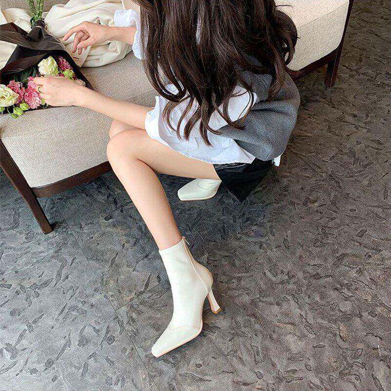 法式高跟短靴NjOeT49r女秋冬新款韩版后头拉弹力链网红瘦瘦靴方细