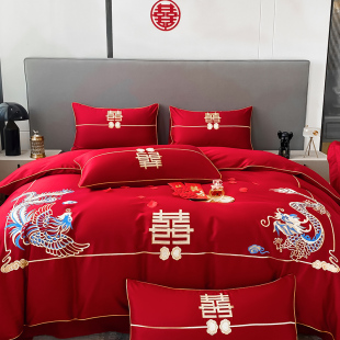 中式 刺绣全棉婚庆四件套大红色床单被套陪嫁结婚床上用品