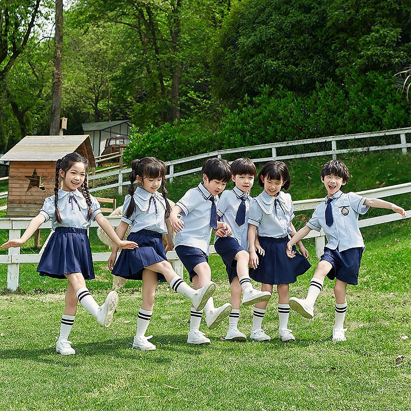 幼儿园园服夏装蓝色衬衫套装小学生英伦风校服儿童毕业照运动班服