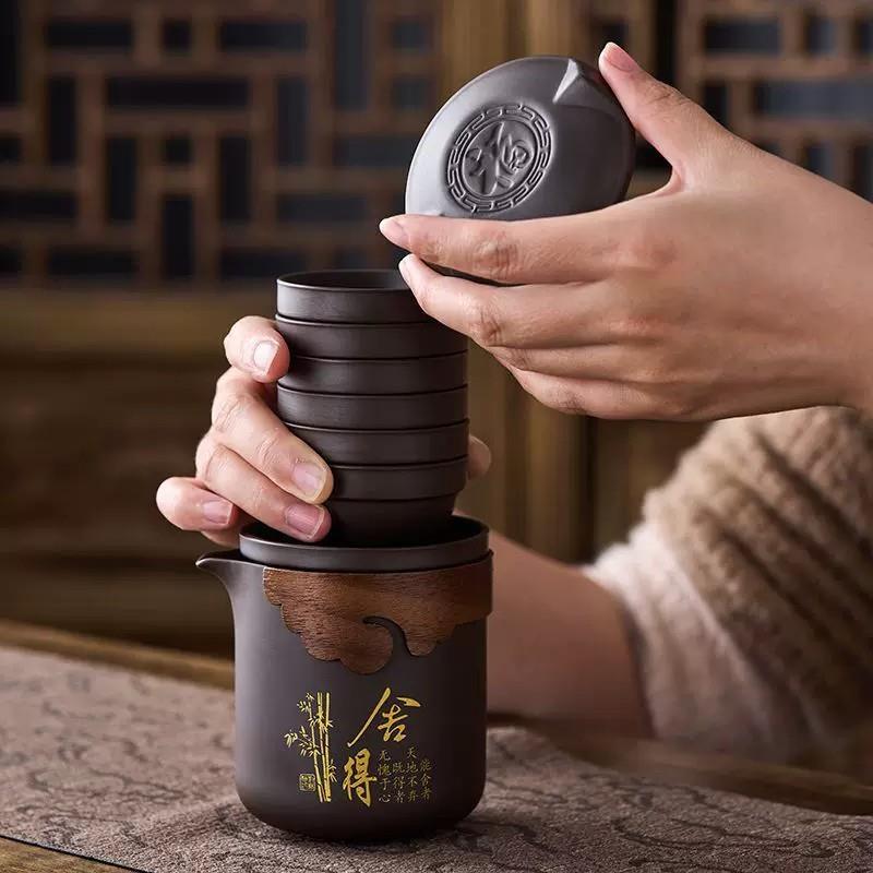 原矿紫砂旅行茶具小套装快客杯一壶六杯便携式户外露营车载泡茶器