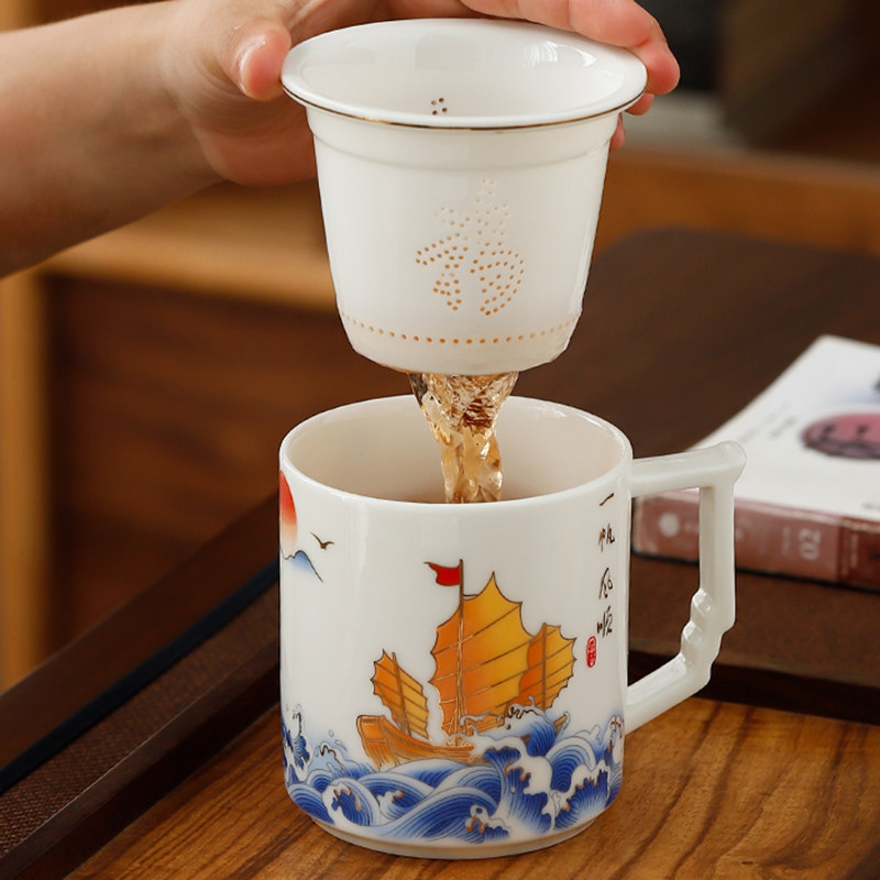 原源羊脂玉陶瓷水杯办公室茶水分离带盖白瓷大容量茶杯子定制LOGO
