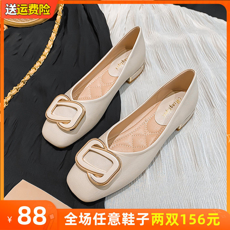 法式小跟鞋女粗跟2024秋季新款y低跟单鞋浅口豆豆鞋大码女鞋41到4