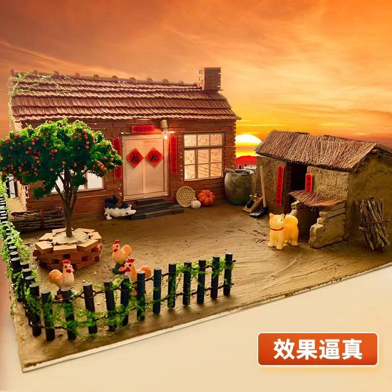 diy手工拼装小屋房子仿真模型砖块瓦片水泥砖头砌墙玩.具新年礼物