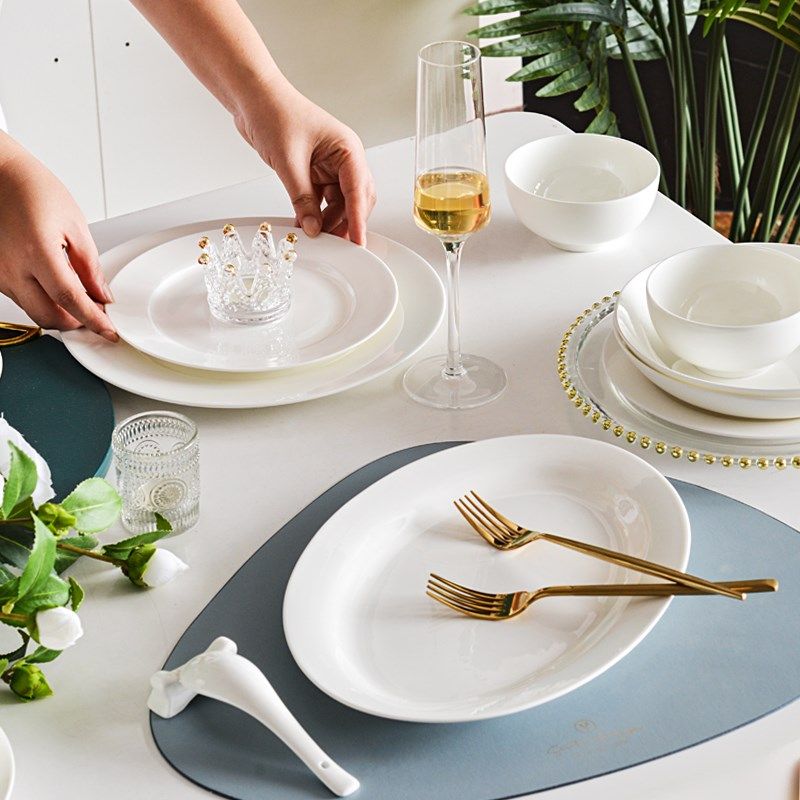 纯白骨瓷餐具套装碗盘6/8/10人家用白色成套餐具碗碟套装