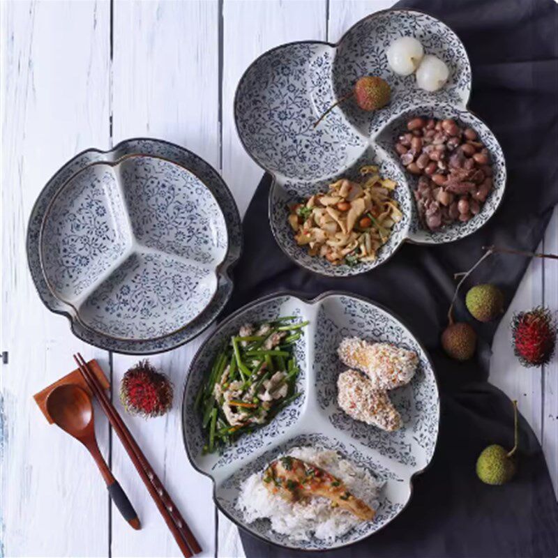 釉下彩和风手绘陶瓷日式四格菜盘汤盘冷菜盘快餐盘水果平盘分餐盘