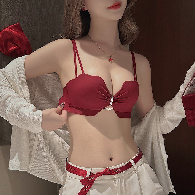 本命年红色内衣女小胸聚拢半杯上托仿下垂龙年结S婚新娘文胸罩套
