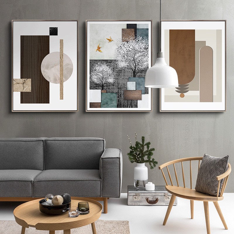 客厅几何抽象装饰画复古壁画样板间喷绘挂画现代餐厅过道竖版墙画