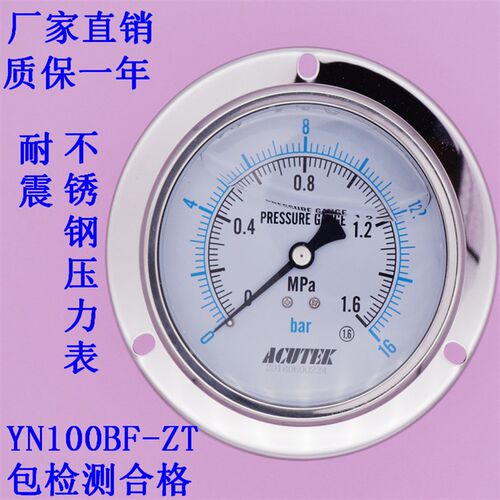 轴向带边 不锈钢耐震压力表YN100BF-ZT 1.6MPA M20*1.5 材质304
