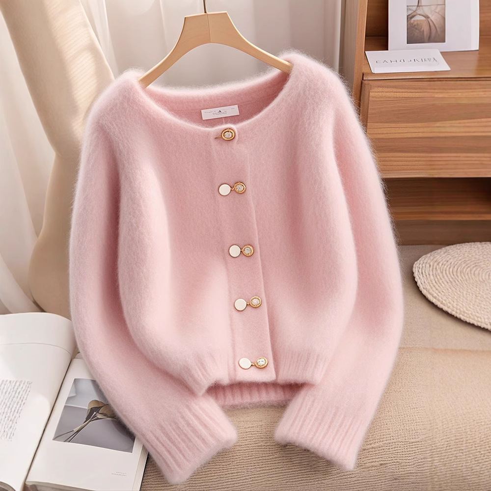 复古温柔软糯慵懒风新款奶fufu粉色圆领长袖加厚针织毛衣外套冬