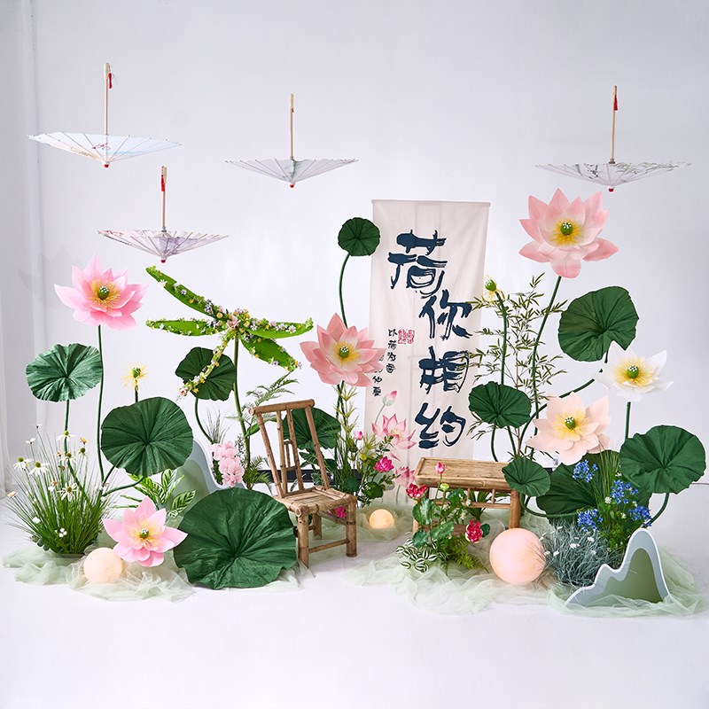 荷花仿真花假花造景莲花莲v叶片拍照道具花艺摆件橱窗装饰场景布