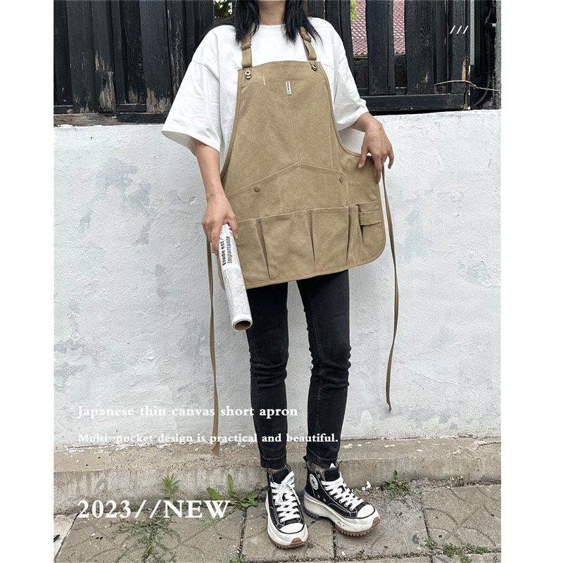 日式咖啡师背带帆布围裙防污奶茶店调酒师工作服定制logo印字